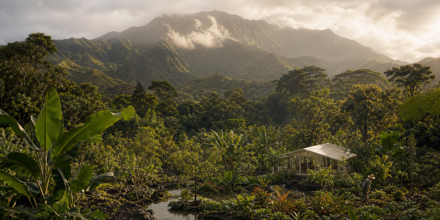 Layered tropical agroforestry below a misty Kaua‘i mountain ridge, with a small nursery pavilion and water channel.
