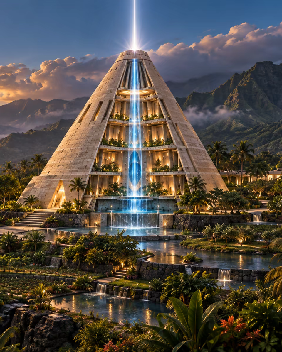 The proposed Water Temple exterior reading as one continuous mineral form in the living landscape.