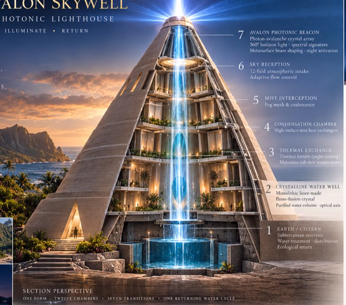 Architectural cutaway of the proposed Water Temple, showing the continuous central water and light axis.