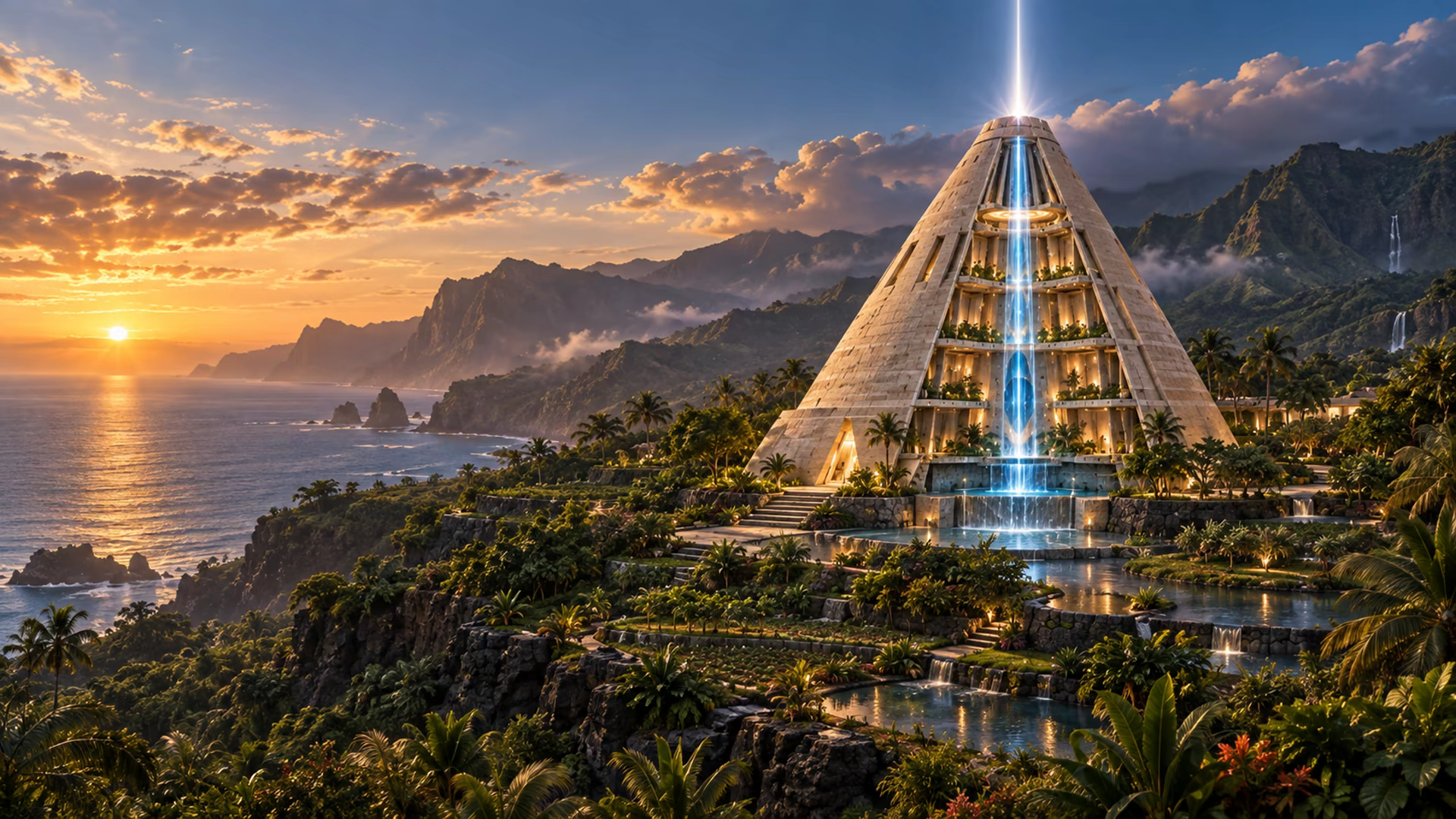 The proposed Avalon Skywell Water Temple at golden hour, integrated into a lush coastal preserve with terraces and water gardens.