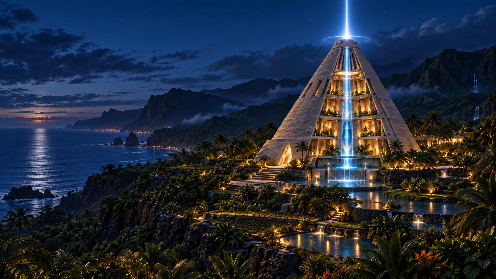 Blue-hour concept view of the Avalon Photonic Beacon operating above the Water Temple, with a restrained horizon signature.