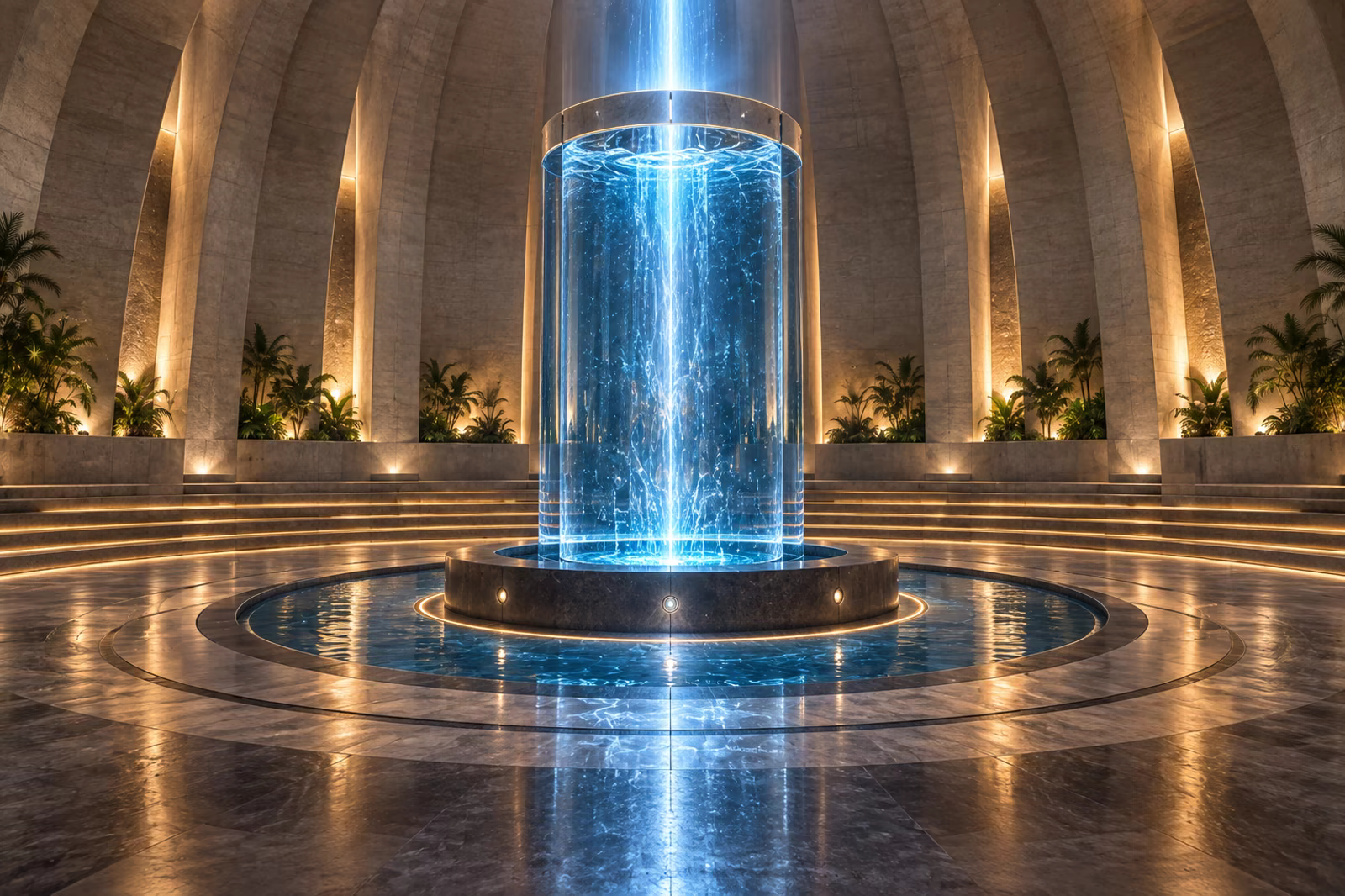 Concept visualization of an isolated crystalline water well within a circular limestone sanctuary.