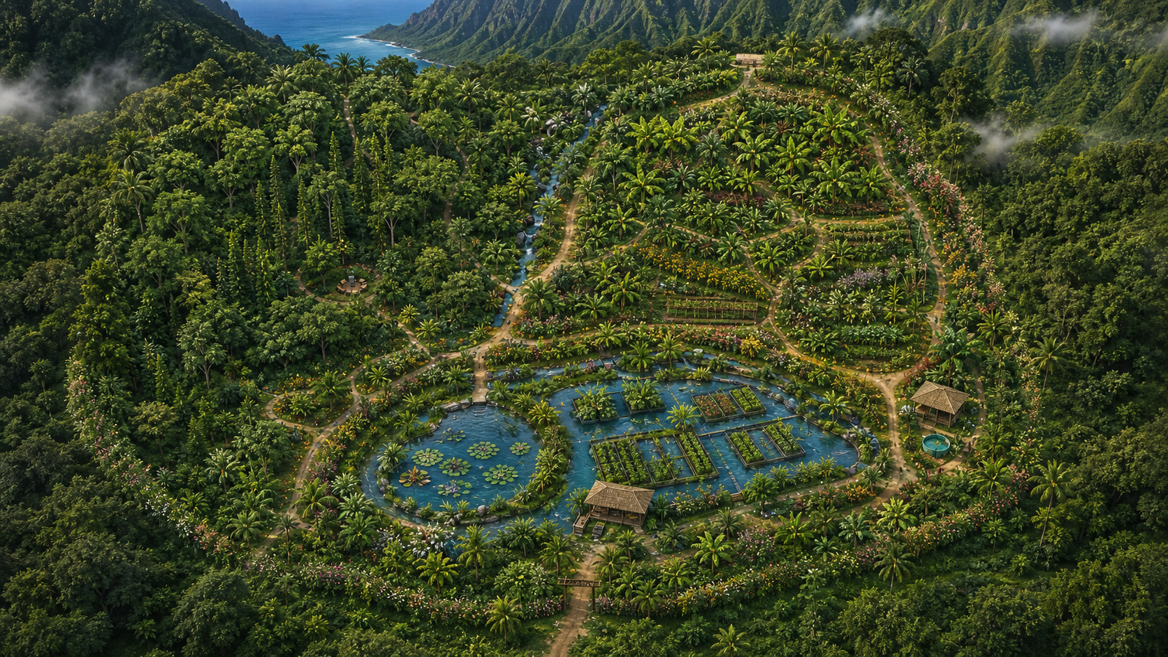 Conceptual three-acre masterplan used as a hypothesis beneath evidence and management layers.