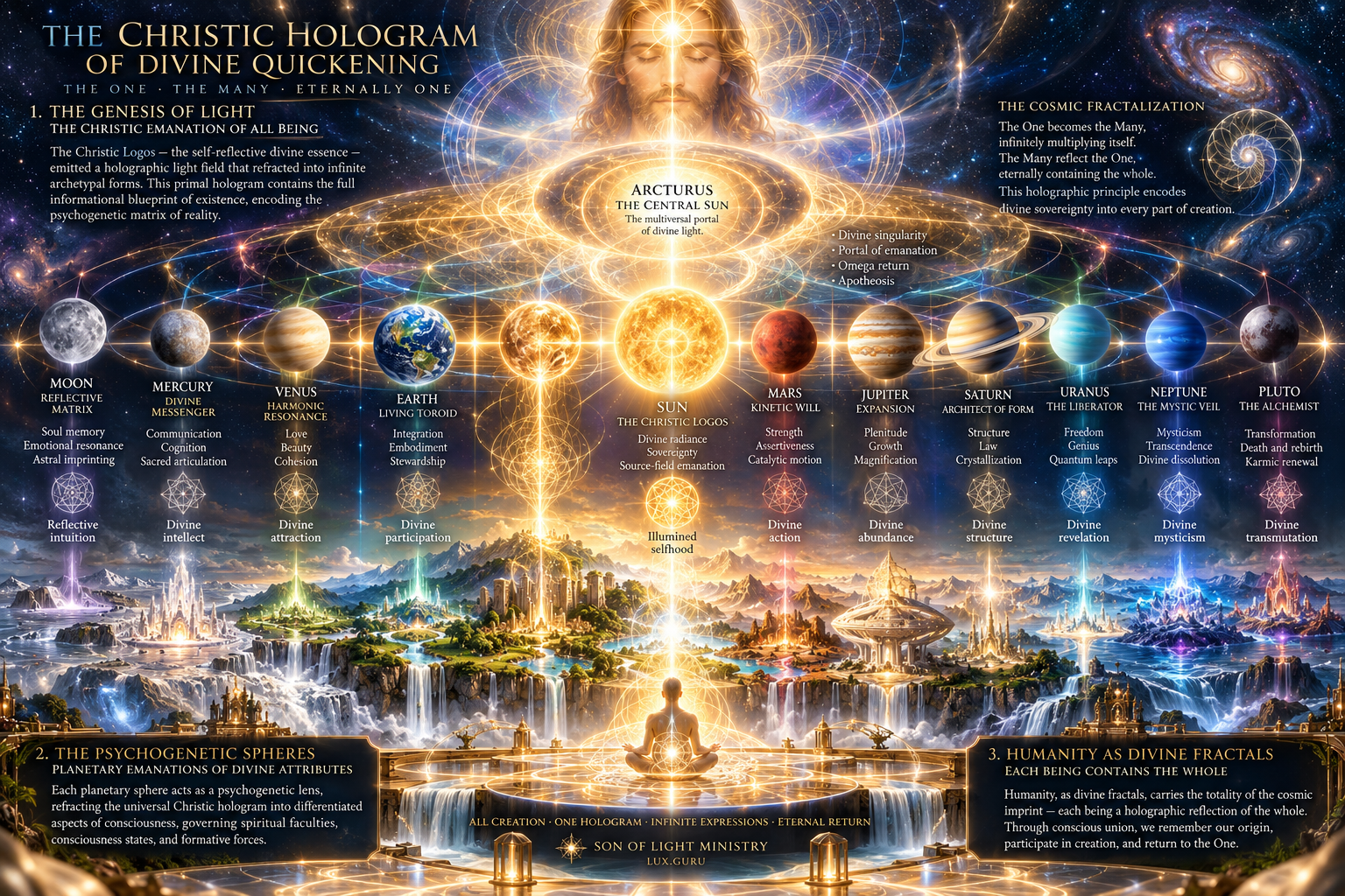 Annotated Christic Hologram plate showing genesis of light, planetary symbolic faculties, and humanity as divine fractals