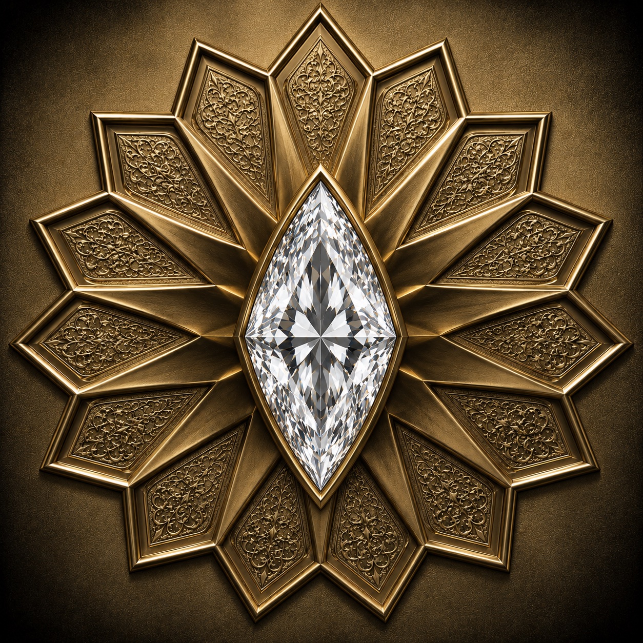 Twelve-point antique-gold coherence rosette surrounding a faceted diamond witness