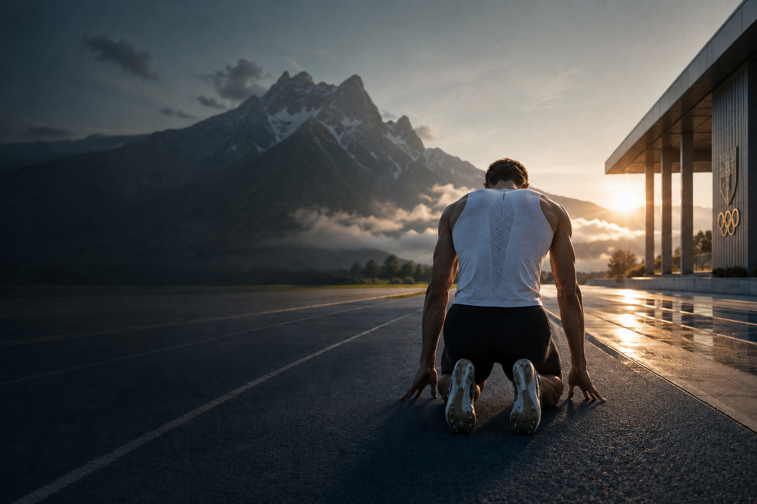 Athlete preparing alone on a mountain training track at dawn