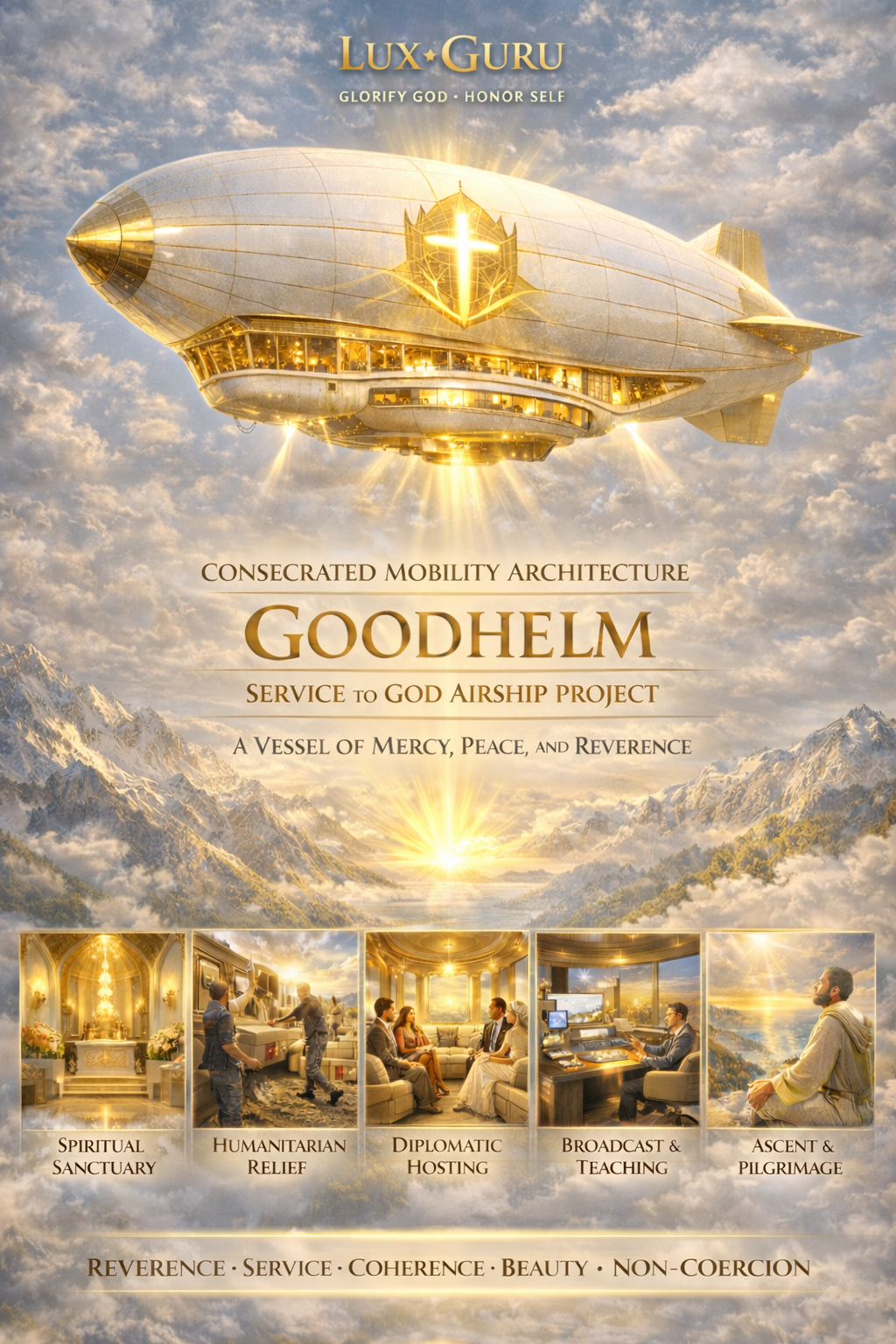 Original GOODHELM Service to God Airship Project concept plate showing the vessel and five intended mission functions