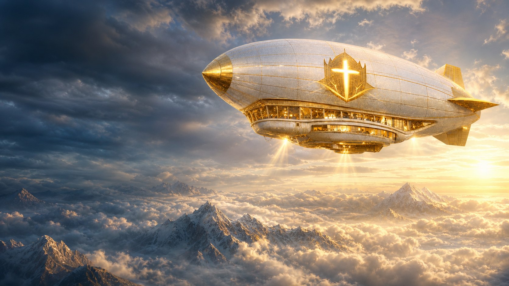 Pearl-white and gold service airship above mountain clouds