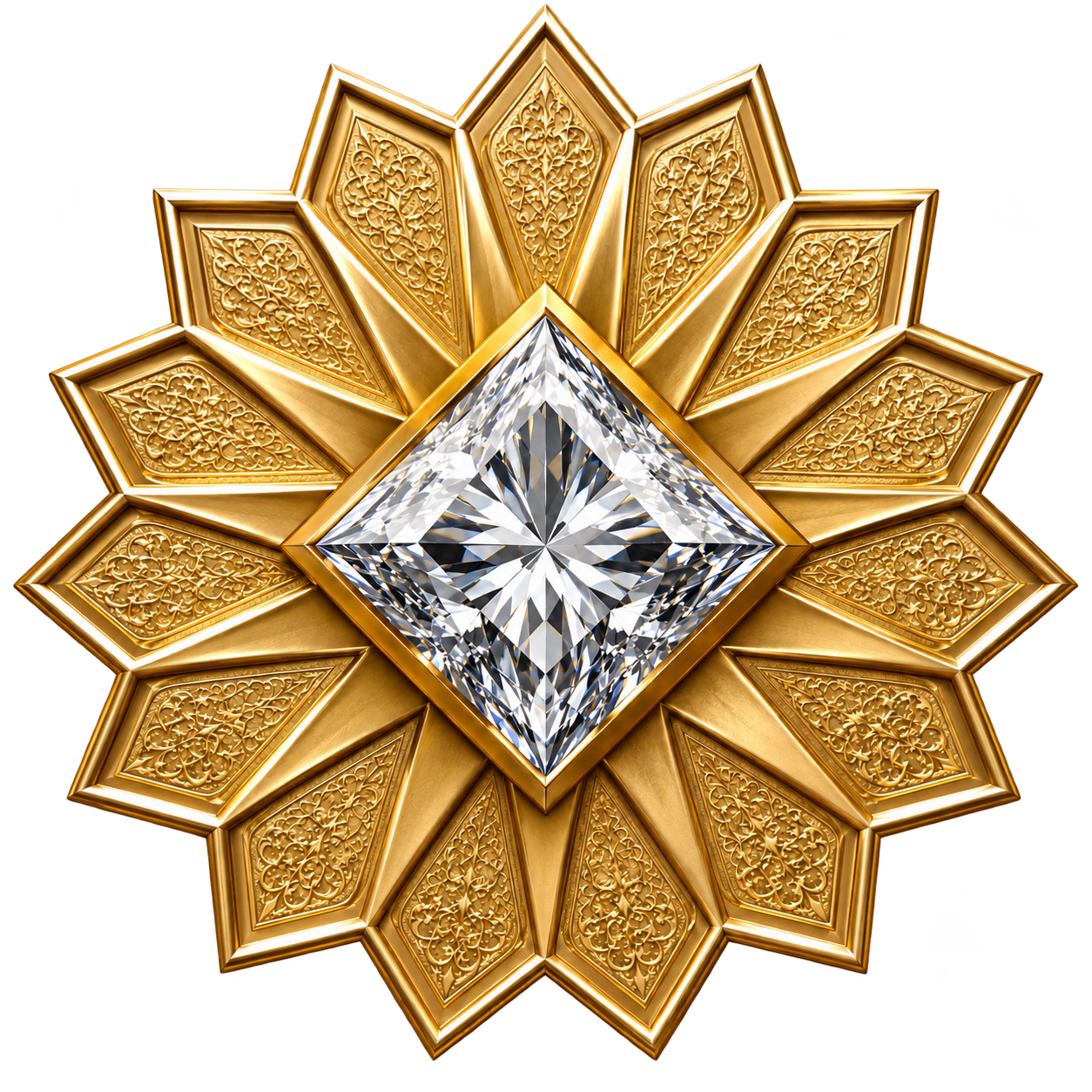 Faceted diamond centered within a twelve-petal gold coherence rosette
