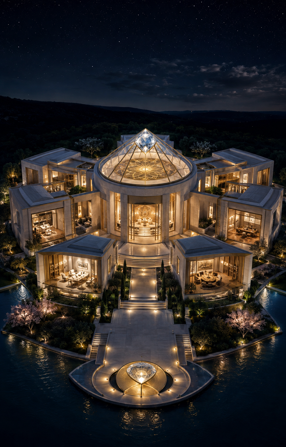 LUXguruhaus at night with five inhabited chambers orbiting a diamond-crowned central sanctuary